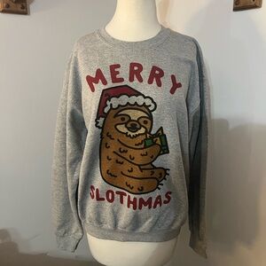 Merry Slothmas Christmas Gildan Sweatshirt, Women’s Size Medium, Gray